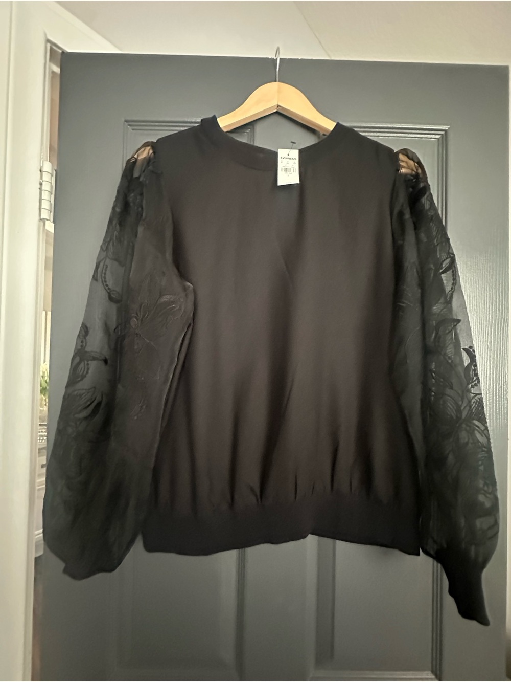 Express Black Bomber Pullover with Sheer Embroidered Sleeves
